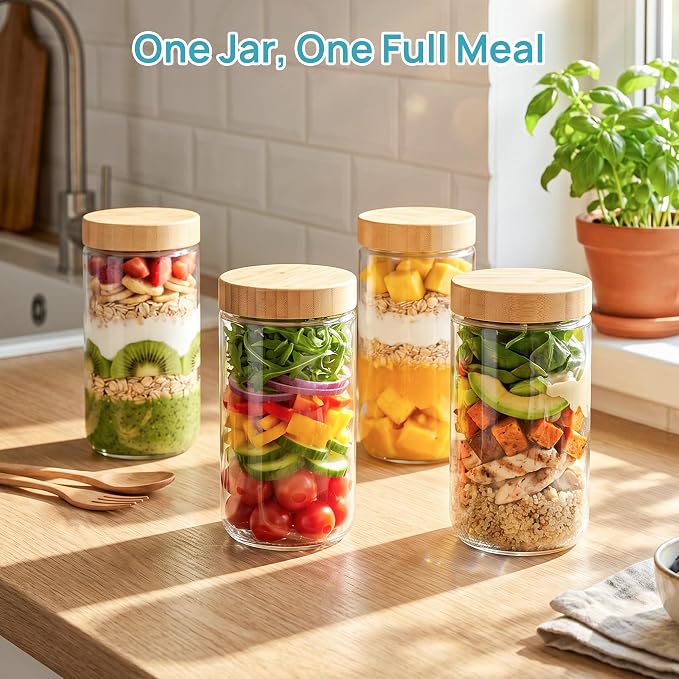 Vtopmart 4 Pack 24oz Glass Overnight Oats Containers with Bamboo Lids, Portable Wide Mouth Glass Jars Leak Proof, Reusable Glass Food Storage Containers for Yogurt Chia Pudding Salad Pickling Snacks