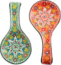 BCS Spoon Rest Set of 2 - Ceramic Spoon Holder for Stovetop & Kitchen Counter - Dishwasher Safe Handmade Kitchen Utensil (Green-Orange 4.5” W x 9" L)