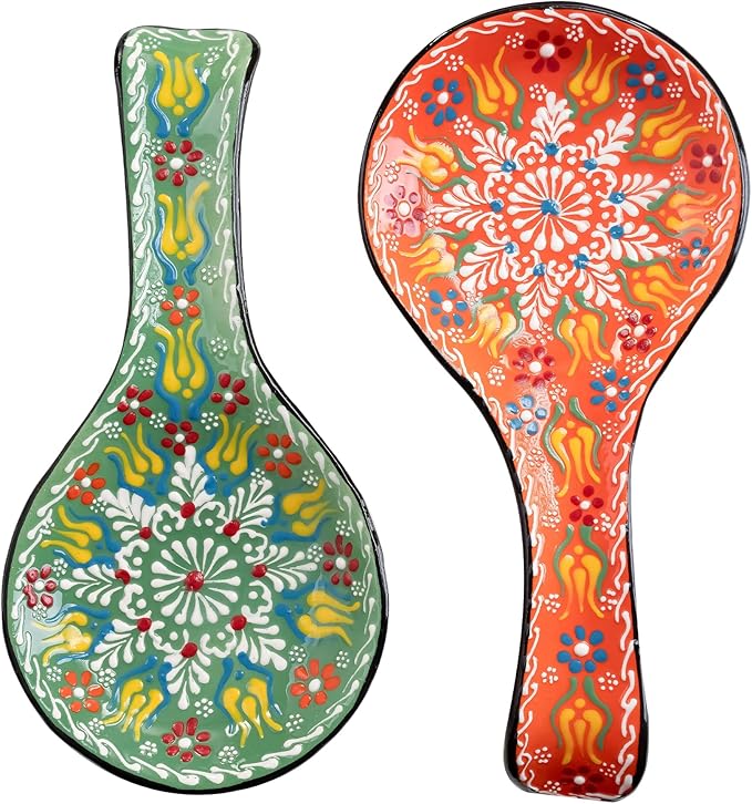 BCS Spoon Rest Set of 2 - Ceramic Spoon Holder for Stovetop & Kitchen Counter - Dishwasher Safe Handmade Kitchen Utensil (Green-Orange 4.5” W x 9" L)