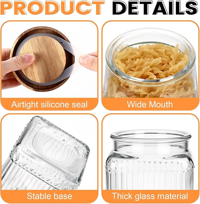 6 Pcs Vintage Glass Storage Jar with Lid 17 oz Glass Containers Stylish Ribbed Pattern Airtight Kitchen Jars Candy Jar for Food Cookies Candy Coffee Tea Beans Grains Storage