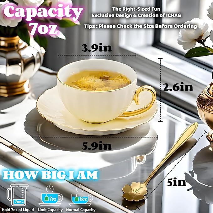 ICHAG 18-Piece Bone China Cup and Saucer Set, 7.7oz Pumpkin Coffee Cups with Golden Trim & Spoons, Heat Resistant Porcelain Mugs for Afternoon Tea, Home, Office, Party & Gifting