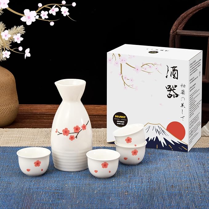 DUJUST 5 pcs Japanese Sake Set, Traditional Sakura Design Sake Serving Set, 1 Sake Bottle with 4 Sake Cups, Japanese Style Sake Set for Home/Party, Ideal Japanese Gifts for Sake Lovers - White