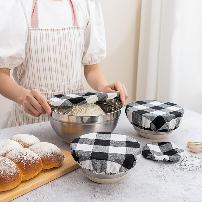 Reusable Cloth Bowl Covers - 100% Cotton Fabric Bowl Covers Set to Cover Fruits, Vegetables and Regulate Moisture - Elastic Closure for Salads, Bread & Leftovers (Black Plaid, 2XL, 2L, 2M, 2S)
