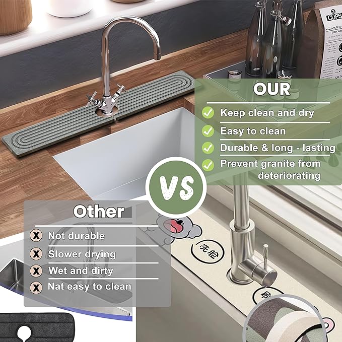 Faucet Mat for Kitchen Sink,15.7" Diatomite Stone Drying Mat,Quick Drying Splash Guard,Super Absorbent.Kitchen ,Bathroom Sink Splash Guard, Durable Countertop Protection(Light grey)