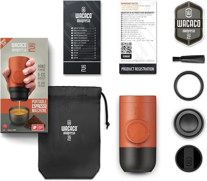 WACACO Minipresso GR2, Portable Espresso Maker Compatible Ground Coffee, Espresso Machine 18 Bar Manually Operated (Copper Clay)