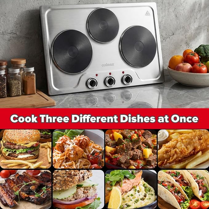 CUSIMAX Electric Hot Plate for Cooking,1800W Triple Burner Portable Electric Stove with Independent Temperature Control,Electric Burners for All Cookware,Tabletop or Built-in,Stainless Steel