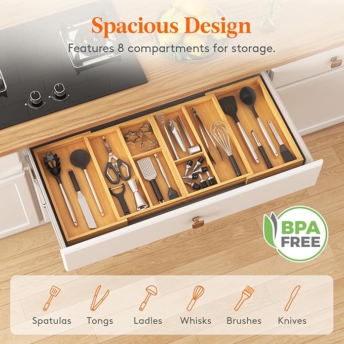 Lifewit Expandable Utensil Organizer for Kitchen Drawer, Adjustable Cooking Silverware Tray, Plastic Cutlery Flatware Holder, Spatula Tools Gadgets Storage Divider, 21- 36 x 16", Bamboo, Natural