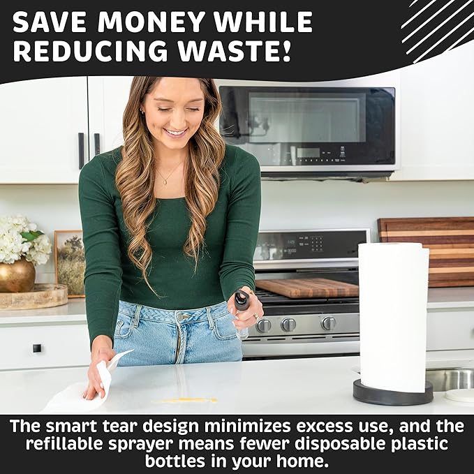 Stainless Steel Paper Towel Holder with Spray Pump – One-Handed Tear, Smart Traction System, 5 oz Sprayer Bottle, Heavy Duty Suction Cups, Weighted Base, Kitchen Towel Dispenser for Countertop Use