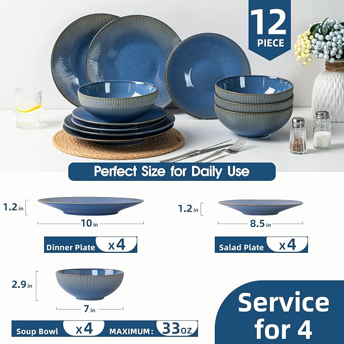Dinnerware Sets for 4, 12 Piece Stoneware Plates and Bowls Sets, Ribbed Texture, Scratch Resistant Dish Set, Microwave and Dishwasher Safe, Blue