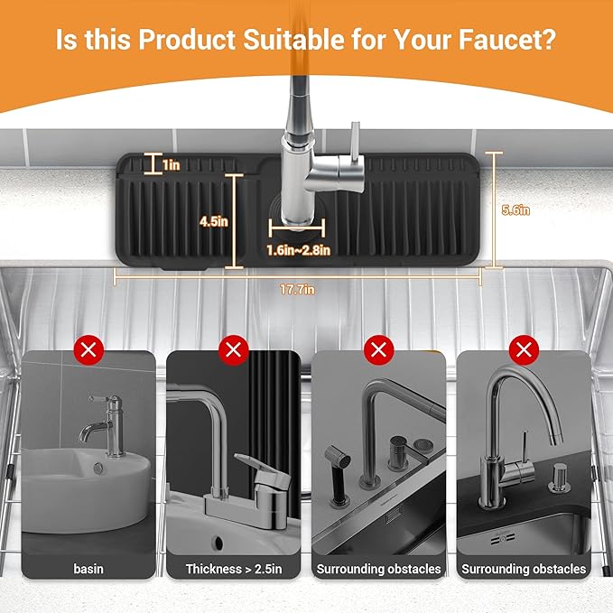 ZJWZLG Faucet Mat for Kitchen Sink, 17.7"X5.5" Silicone Sink Splash Guard with Soap Holder, Snap-On Design & 7°slope Fast Drain, Folding Sink Faucet Mat for Universal Kitchen Bathroom Sink（Black）