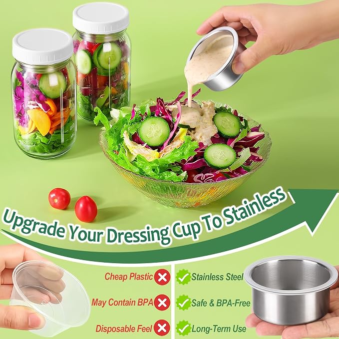 KTKUDY 2 Pack 32 oz Glass Salad Jars with Dressing Cups (Pod) - Meal Prep Salad Container for Lunch - Leakproof Mason Jars with Lids