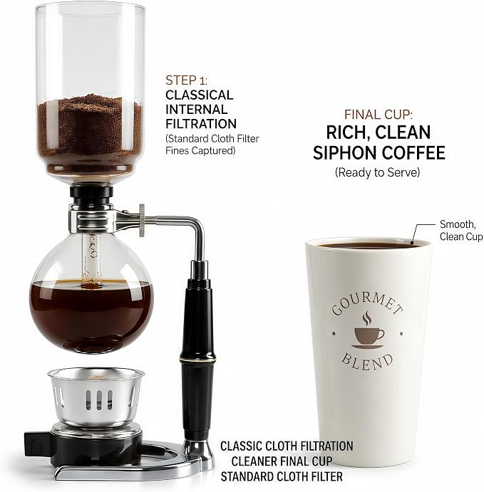 Siphon Coffee Maker, 20 oz Glass Vacuum Brewer with Cloth Filter | Borosilicate glass, reusable cloth filter, alcohol burner, hands-on siphon brewing, rich small-batch coffee