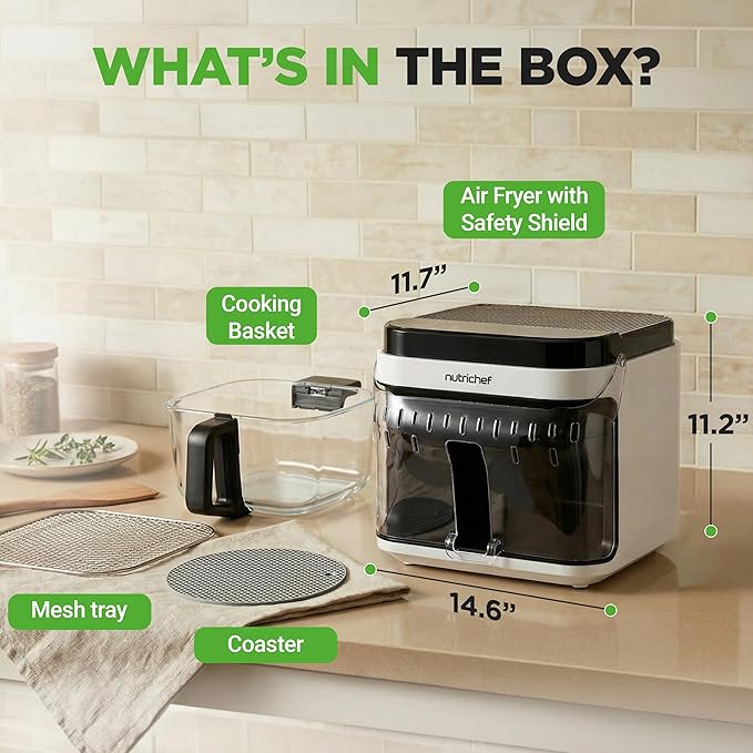 NutriChef 5.8 Quart Air Fryer | Glass Airfryer with 8-in-1 Digital Presets | Stainless Steel Fryer Design | Glass Fry Bowl with Flip-Up Safety Shield | Compact Air-Fryer for Even Cooking | White