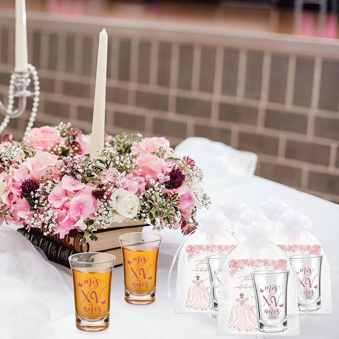 Havawish 25 Sets Quinceanera Party Favors for Guests Quinceanera Acrylic Clear Personalized Shot Glasses Thank You Cards with Organza Bags Mis Xv Años Sweet 15 Birthday Party Favors (Pink)