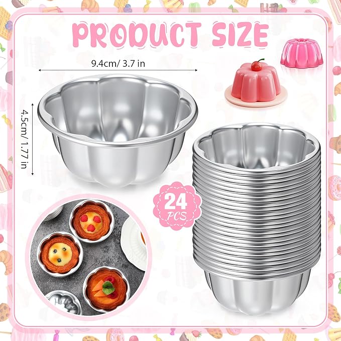 Honeydak 24 Pack Pudding Cup Pans Mini Fluted Cake Small Jelly Pans Aluminum Alloy Reusable Cake Tartlets for Baking Egg Tart Flan Cupcake Bread Muffin Brownie Pudding, Non-sticky(R-15)