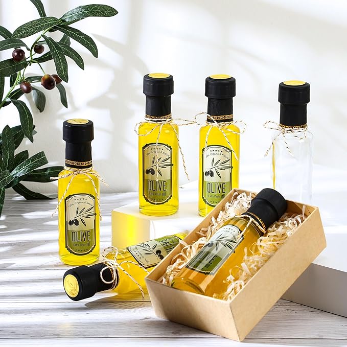 Reallnaive 20 Pcs 4 oz Mini Glass Olive Oil Bottles Empty Sauce Condiment Bottles with Dropper Inserts and Sticker Seals Caps for Gifts Kitchen (Circle,Clear)