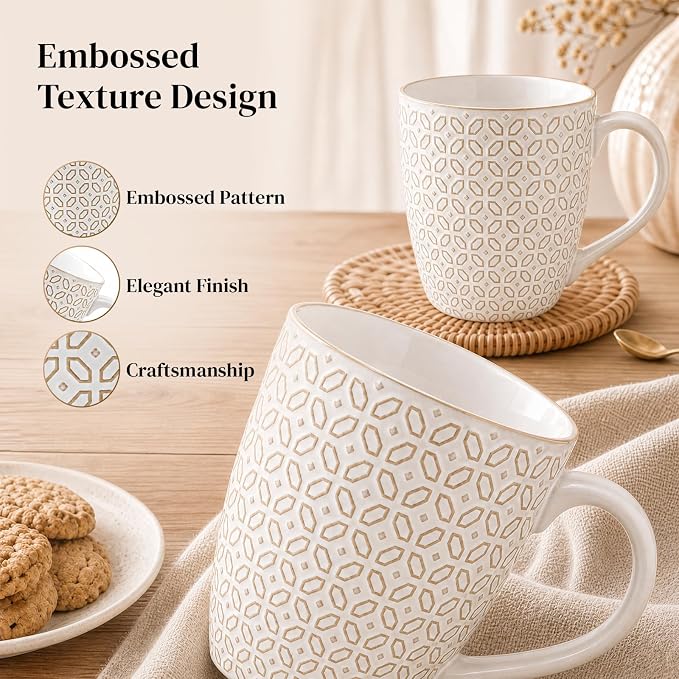DOWAN Coffee Mugs Set of 6, 19 oz Large Mug, Ceramic Embossment Stoneware Tea Cups with Handle for Men Women, Handcrafted Mug Gift Set, Housewarming Wedding Gift