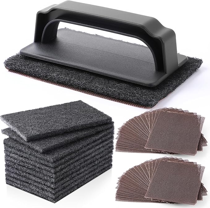 Reallnaive 31 Pcs Griddle Cleaning Kit Screen Holder Grill Screens Cleaning Pads Heavy Duty Abrasive Mesh Pads for Flat Tops, Cast Iron, Stainless Steel Griddle Cleaner Accessories Bundle (Black)