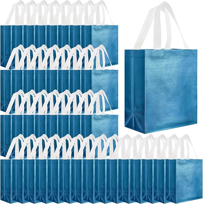 Eccliy Reusable Gift Bags Set Glossy Grocery Gift Tote Bag with Handle for Wedding, Bridal Shower, 4th of July, Summer Event(10 x 8 x 4.7 Inch,Lake Blue,80 Pcs)