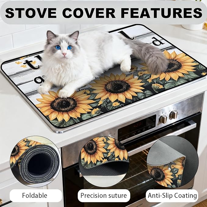 Stove Top Cover for Electric Stove, Vintage Farmhouse Style Glass Cooktop Protector, Multi-functional Kitchen Counter & Washer Top Cover