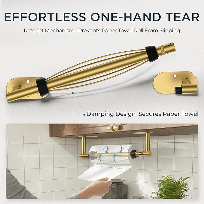FORIOUS Paper Towel Holder Under Cabinet, One Hand Operable with Ratchet System for Easy Tear, Adhesive or Drill Wall Mount, Stainless Steel for Kitchen Commercial Paper Hand Towel Holders, Gold