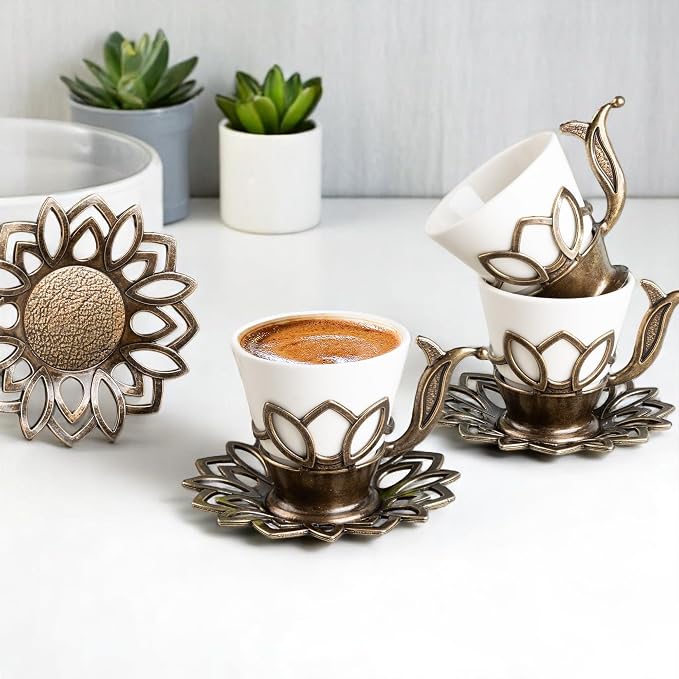 Alisveristime (Set of 6) Turkish Coffee Set with Porcelain Cups, Zamac Holders & Saucers – 80ml Capacity, Ottoman Motif, 4 Color Options (Antique Green)