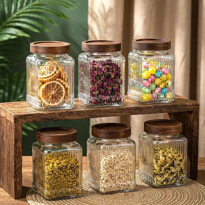 6 Pcs Vintage Glass Storage Jar with Lid 25.3 oz Glass Containers Stylish Ribbed Pattern Airtight Kitchen Jars Candy Jar for Food Cookies Candy Coffee Tea Beans Grains Storage