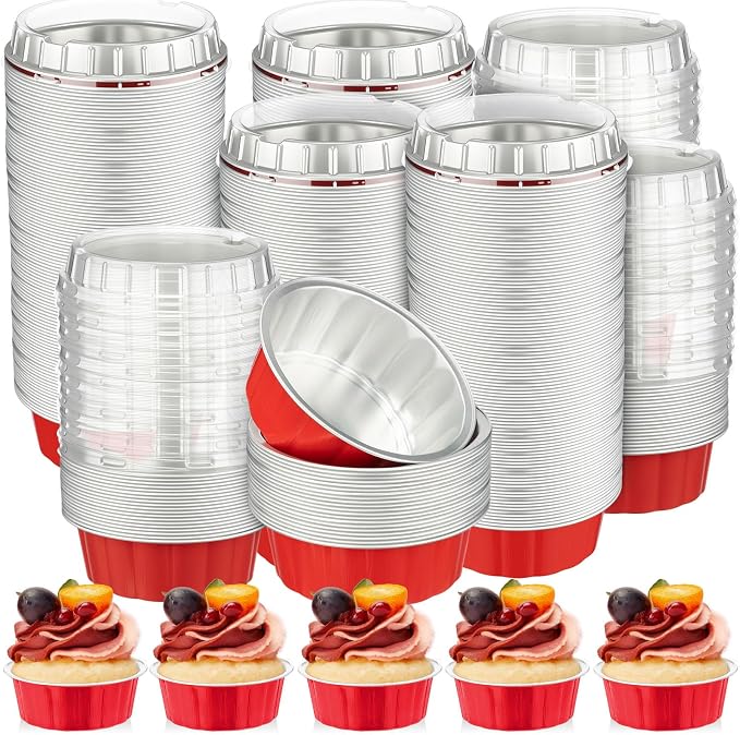 Tessco for you 150 Pcs Disposable Ramekins with Lids 8 oz Creme Brulee Ramekin Aluminum Foil Cup Cupcake Liner Baking Valentines Disposable Muffin Tin Pan Cheesecake Container (Red,Silver)