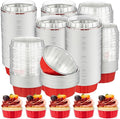Tessco for you 150 Pcs Disposable Ramekins with Lids 8 oz Creme Brulee Ramekin Aluminum Foil Cup Cupcake Liner Baking Valentines Disposable Muffin Tin Pan Cheesecake Container (Red,Silver)
