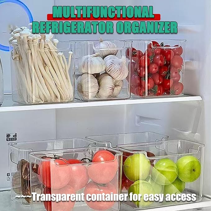 2/4/6/8 Pcs Crystal Clear Freezer Storage Bins, Freezer Organizer Bins, Clear Plastic Bins, Stackable Kitchen Cabinet Organizer with Handles for Frozen Food, Meat & Veggies (8, Green, L)