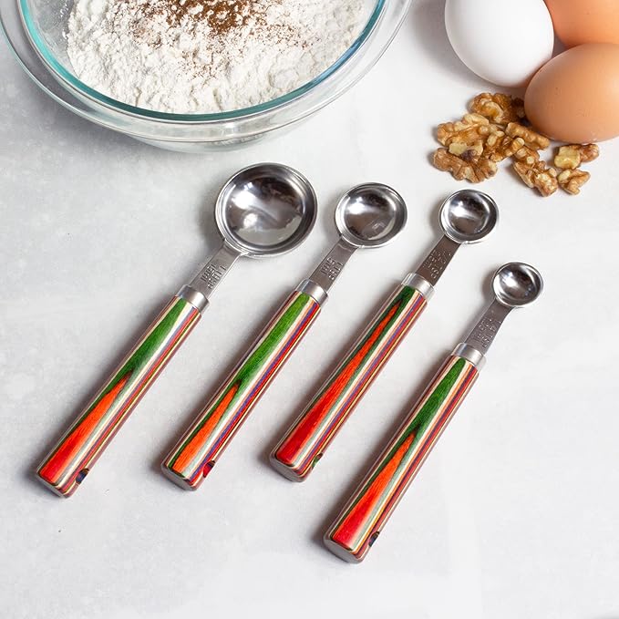 Totally Bamboo Baltique Marrakesh Collection 4-Piece Measuring Spoon Set, Includes 1/4 Teaspoon, 1/2 Teaspoon, 1 Teaspoon & 1 Tablespoon Measurements, Stainless Steel Spoons w/Wood Handle for Cooking