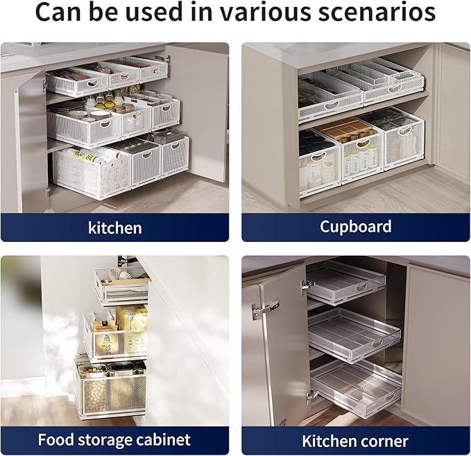 2 Pack Pull Out Cabinet Organizer, No Drill Adhesive Sliding Drawers for Kitchen, Metal Mesh Wire Storage Shelf for Pantry & Under Sink, White (9.6" W x 15.7" D x 3.9" H)