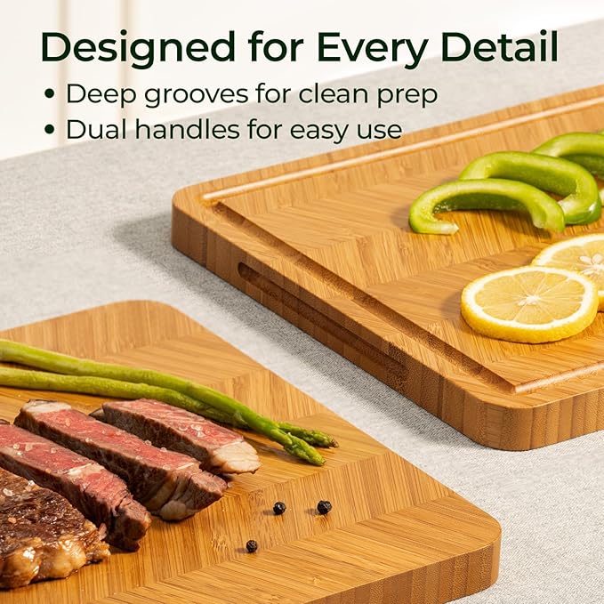 Keechee Atelier Collection Bamboo Cutting Board, Reversible Wood Chopping Boards for Kitchen with Juice Grooves, Handcrafted Large Serving Tray, Luxury Housewarming Wedding Gifts for New Home