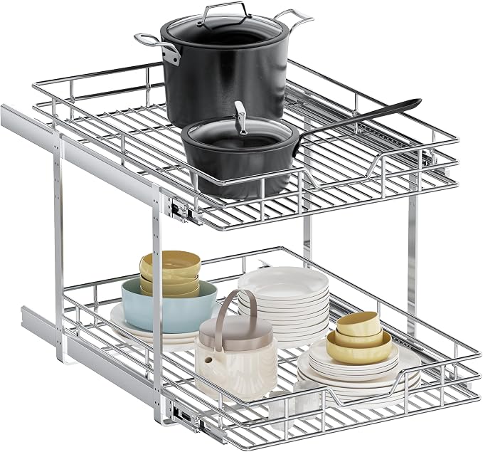 2-Tier Pull Out Cabinet Organizer, 19.5" W x 21.5" D, Heavy Duty Dual Slide Out Shelves for Base Cabinets, Chrome Wire Basket Drawer for Pantry, Kitchen & Bathroom Storage