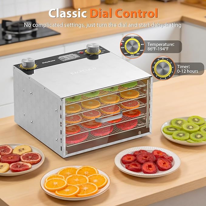 Food Dehydrator - 5 Stainless Steel Trays Dryer Machine with 194℉ Temperature Control & Adjustable Timer, 400W Meat Dehydrator for Jerky, Fruit, Veggies, Dog Treats, 50 Recipes Book Included