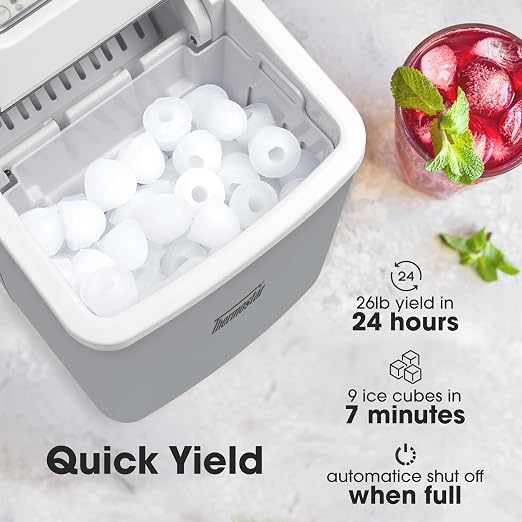 Nostalgia Thermostar Automatic Self-Cleaning Portable Electric Countertop Ice Maker Machine, 26 Pounds in 24 Hours, 9 Ice Cubes Ready in 7 Minutes, with Ice Scoop and Basket, Silver