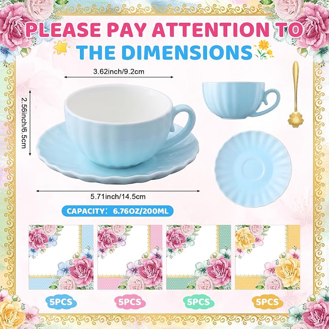 Set of 6 Tea Cups and Saucers Tea Party Decorations 5.4 oz British Cappuccino Cups with Saucers Floral Napkin Gift for Women Birthday Party Church Mother's Day