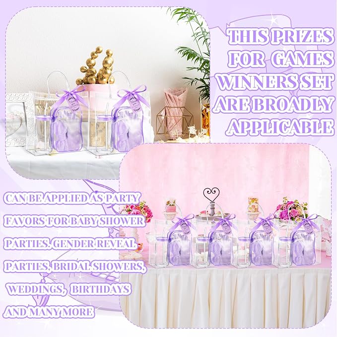 48 Pcs/6 Sets Baby Shower Prizes Winners Include Glass Cans Spa Headband Plush Sleep Eye Mask Hair Claw Clips Clear Cosmetic Bags Baby Shower Player Winner Gifts Bridal Game Gifts(Purple)