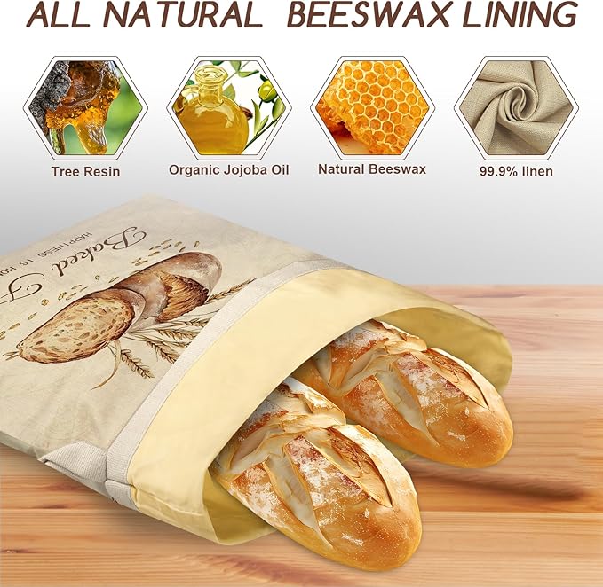 Beeswax Bread Bags for Sourdough, 2 Pack Reusable Bread Bag for Storage XL 17x13 Inch, Large Linen Bags for Homemade Sourdough - Keep Fresh, Freezer Safe