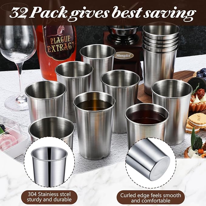 Uiifan 32 Pcs 12 oz Stainless Steel Cups for Adult Unbreakable Metal Stackable Camping Cup Stainless Steel Drinking Glasses Tumbler for Home Travel Outdoor Activities(Silver)
