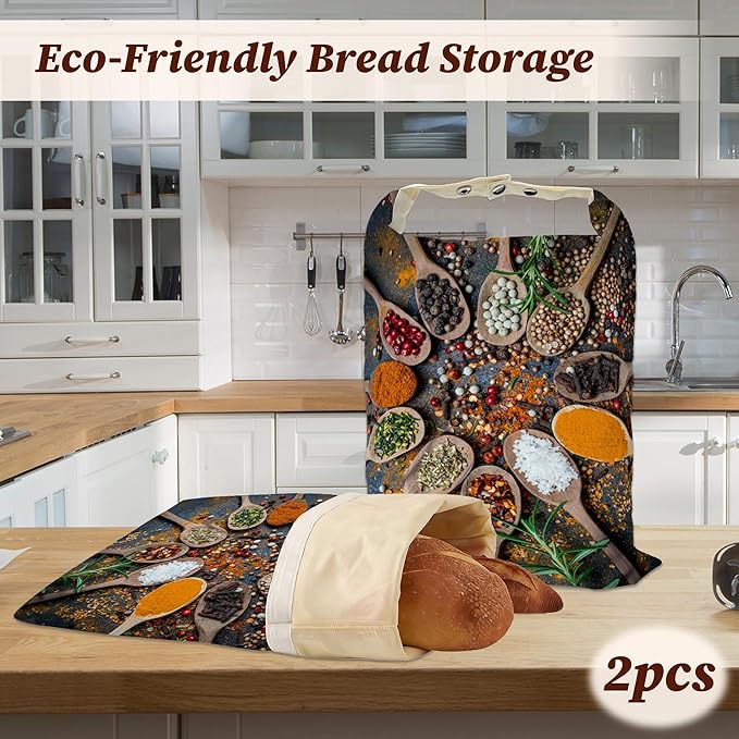 Bread Bags for Homemade Bread- Colourful Various Herbs 2 Pack Linen and Beeswax Sourdough Storage Bags, Reusable Keeper, Keeps Breads Fresh Longer, Gifts for Bakers