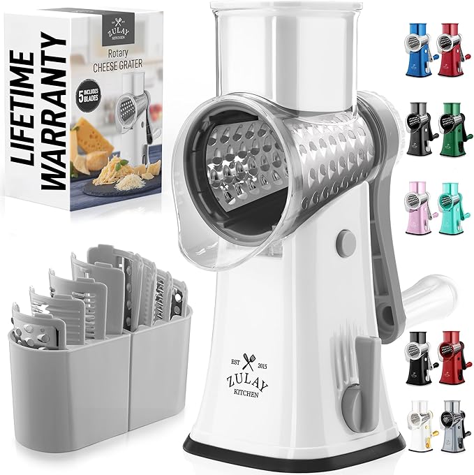 Zulay Kitchen Rotary Cheese Grater 5 Blade Cheese Shredder - Manual Hand Crank Cheese Grater With Reinforced Suction & 5 Interchangeable Drums - Easy to Use, Vegetable Chopper Round Mandoline Slicer