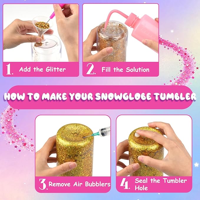 kiddgroo Snow Globe Tumbler Supplies ，16 Pcs DIY Glitter Snowglobe Cup Set– Includes 16oz Double-Wall Acrylic Tumbler, UV DTF Wraps, Craft Glitter, and DIY Tools