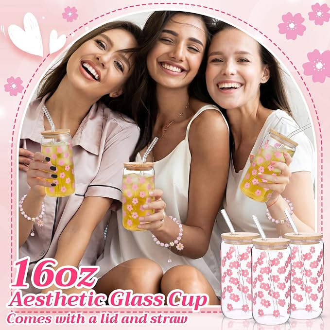 Vesici 73 Pcs Spa Sleepover Party Supplies Bulk Women 8 Sets Slumber Birthday Bridesmaid Gift Crochet Flower Glass Cup Eye Mask Hair Ties Gift Bag Bracelets Scrunchies Headband(Cherry Blossoms,Pink)