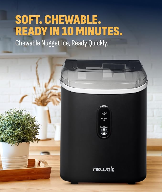 NewAir Nugget Ice Maker | Countertop Portable Ice Machine | 26 lbs/Day Soft Chewable Nugget Ice in 10 Min | Matte Black Compact Design