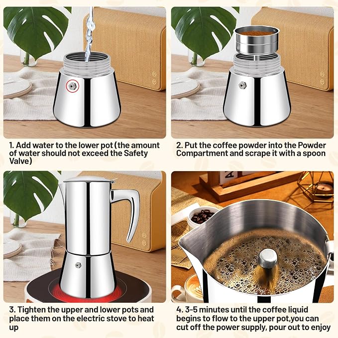 No Coating 12 Cup Thickened 304 Stainless Steel Moka Pot Stovetop Espresso Maker Italian Coffee Machine 600ml 20.3oz Suitable for Gas Induction Stovetop Greca Coffee Maker Percolator