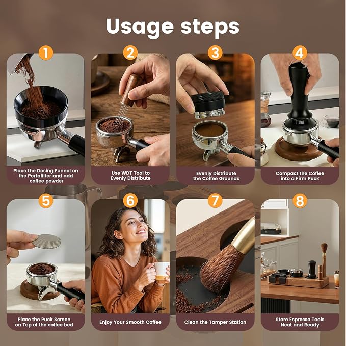28-Piece 51mm Espresso Accessories Kit with Wood Tamping Station | Wood tamping station with tamper, distributor, WDT tool, dosing funnel, milk pitcher, puck screen and latte art accessories