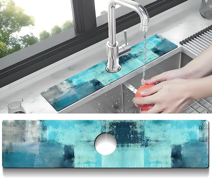 Kitchen Sink Splash Guard Faucet Mat Super Absorbent Fast Drying Mat Sink Gadgets Splash Guard Behind Faucet Drip Catcher for Kitchen (Blue, 23.5x5.5in)