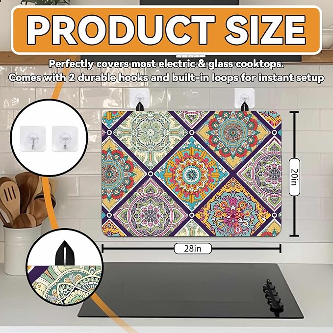 Decorative Stove Top Covers for Electric Stove 28"x20" – Heat Resistant Glass Cooktop Protector Dish Drying Mat – Non-Slip Rubber Backing Washer Top Cover Waterproof Extra Counter Space (Boho)