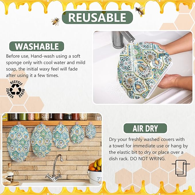 Beeswax Bowl Covers Set of 5 (XS–XL) – Reusable Elastic Food Covers for Bowls – Organic Cotton with Beeswax, Washable & Plastic-Free | Li’l Things - Suzani